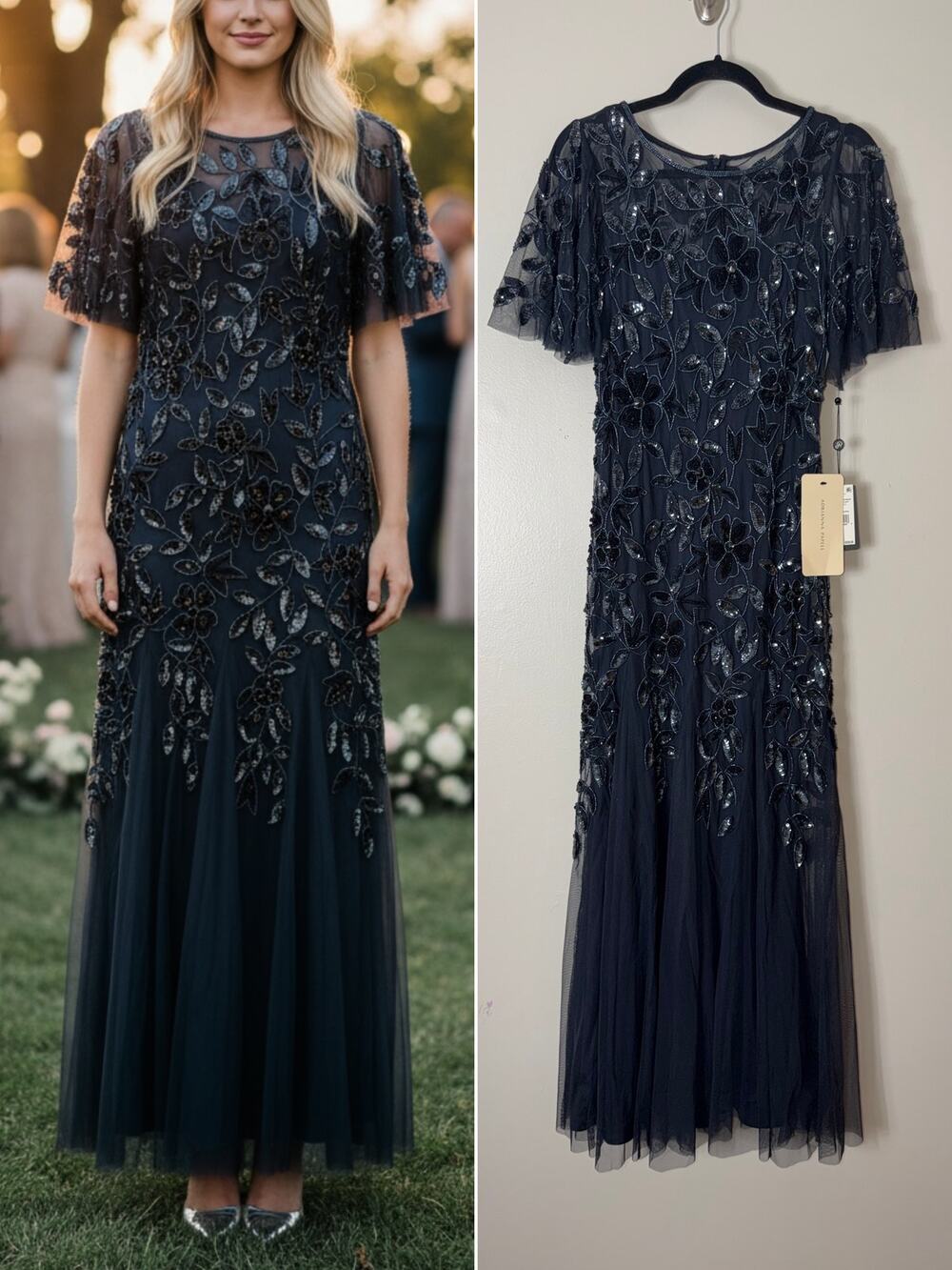Adrianna Papell NWT Dress 4 Navy Mother of the Bride Beaded Sequin Floral Gown